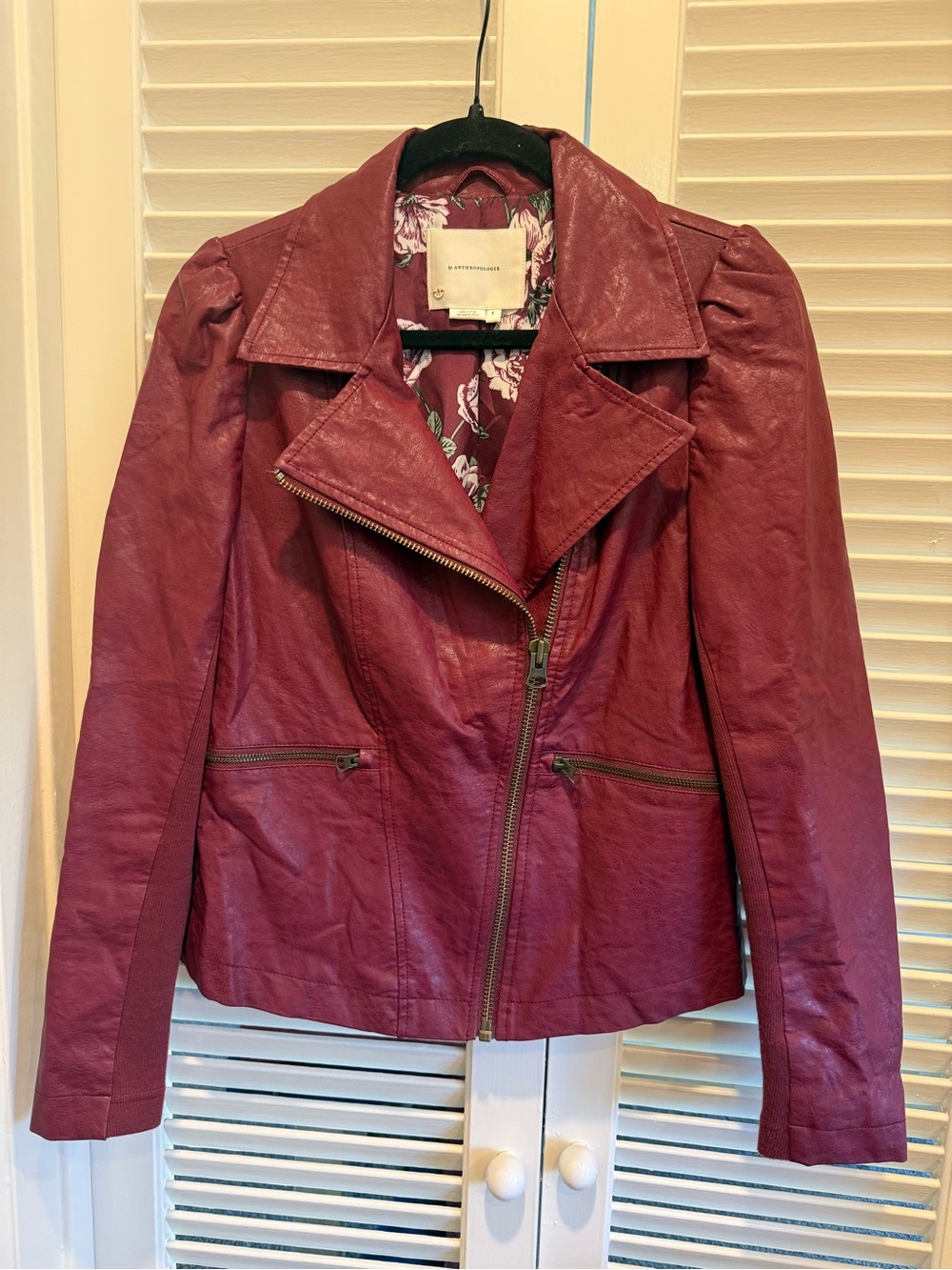 Anthropologie Petula Puff Sleeve Red Faux Leather Moto Jacket